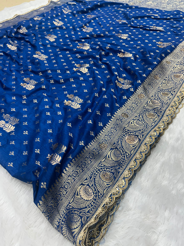 Dola Silk Trending Blue Cut Border & Aari Work Blouse Saree