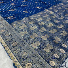 Dola Silk Trending Blue Cut Border & Aari Work Blouse Saree