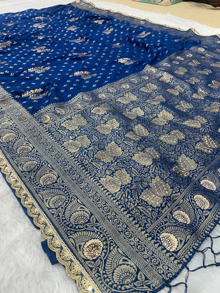 Dola Silk Trending Blue Cut Border & Aari Work Blouse Saree