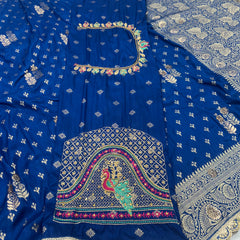 Dola Silk Trending Blue Cut Border & Aari Work Blouse Saree