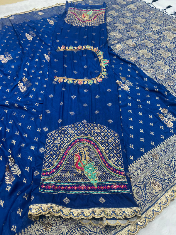 Dola Silk Trending Blue Cut Border & Aari Work Blouse Saree
