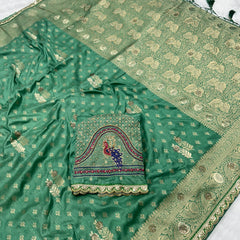Dola Silk Trending Pestal Green Cut Border & Aari Work Blouse Saree