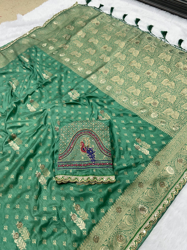 Dola Silk Trending Pestal Green Cut Border & Aari Work Blouse Saree