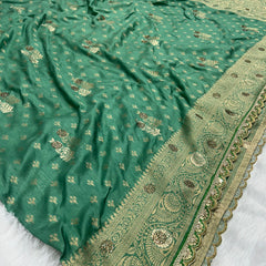 Dola Silk Trending Pestal Green Cut Border & Aari Work Blouse Saree