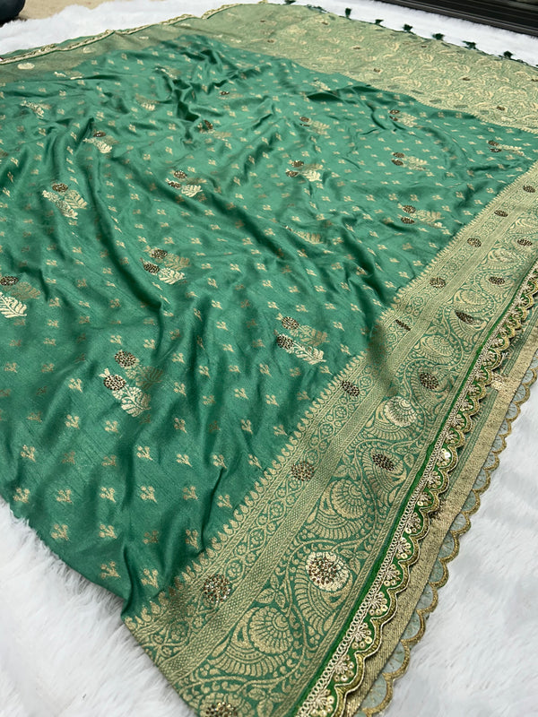 Dola Silk Trending Pestal Green Cut Border & Aari Work Blouse Saree