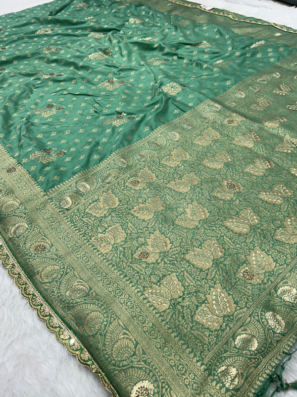 Dola Silk Trending Pestal Green Cut Border & Aari Work Blouse Saree
