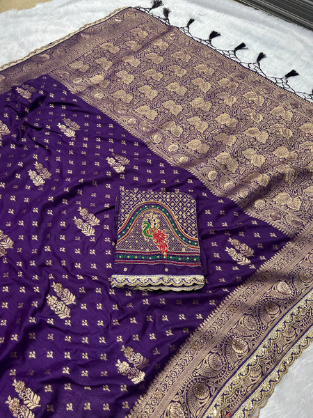 Dola Silk Trending Purple Cut Border & Aari Work Blouse Saree
