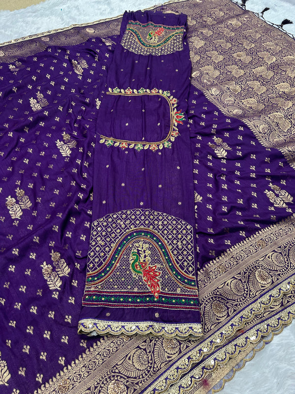 Dola Silk Trending Purple Cut Border & Aari Work Blouse Saree
