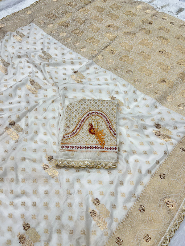 Dola Silk Trending White Cut Border & Aari Work Blouse Saree
