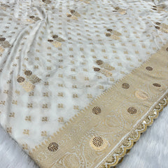Dola Silk Trending White Cut Border & Aari Work Blouse Saree