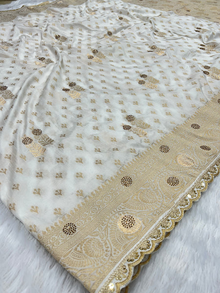 Dola Silk Trending White Cut Border & Aari Work Blouse Saree