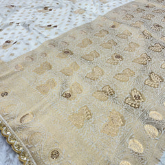 Dola Silk Trending White Cut Border & Aari Work Blouse Saree