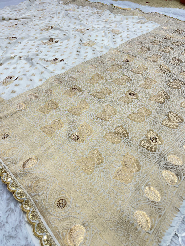 Dola Silk Trending White Cut Border & Aari Work Blouse Saree