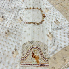 Dola Silk Trending White Cut Border & Aari Work Blouse Saree