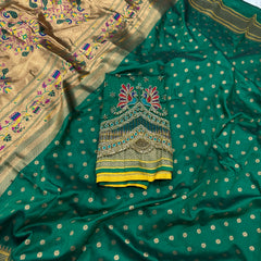 Green Kalanji Paithani With Beautiful Peacock Aari Work Blouse