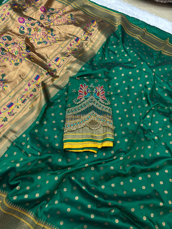 Green Kalanji Paithani With Beautiful Peacock Aari Work Blouse