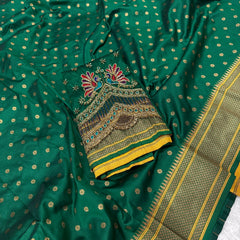 Green Kalanji Paithani With Beautiful Peacock Aari Work Blouse