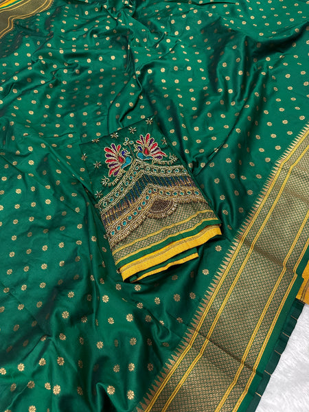 Green Kalanji Paithani With Beautiful Peacock Aari Work Blouse