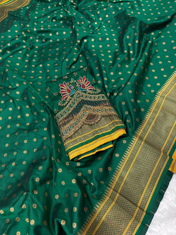 Green Kalanji Paithani With Beautiful Peacock Aari Work Blouse