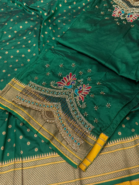 Green Kalanji Paithani With Beautiful Peacock Aari Work Blouse
