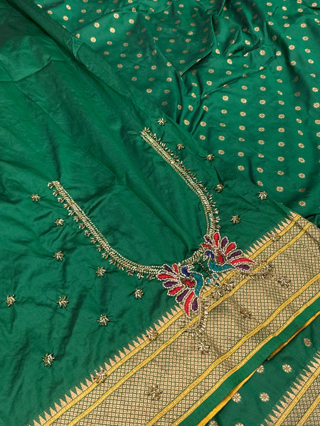 Green Kalanji Paithani With Beautiful Peacock Aari Work Blouse