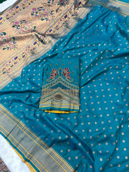Dual Tone Morphankhi Kalanjali Paithani With Aari Work Blouse