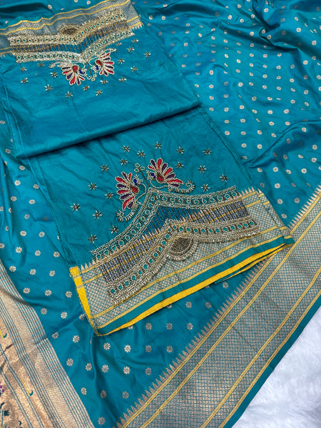 Dual Tone Morphankhi Kalanjali Paithani With Aari Work Blouse