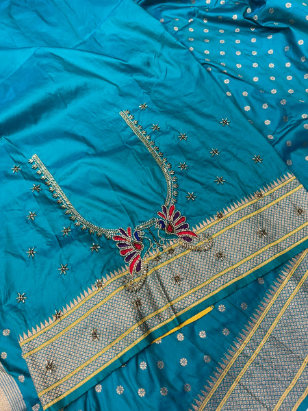 Dual Tone Morphankhi Kalanjali Paithani With Aari Work Blouse
