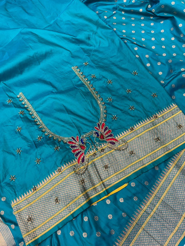 Dual Tone Morphankhi Kalanjali Paithani With Aari Work Blouse