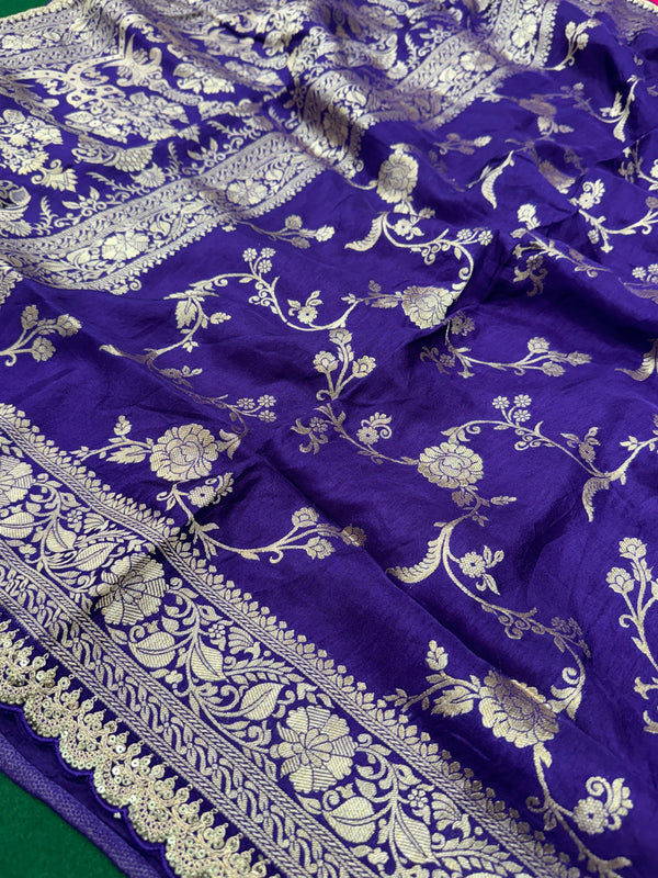 Purple Colour Pure Dola Silk Saree With Scalloped Border & Contrast Pink Blouse