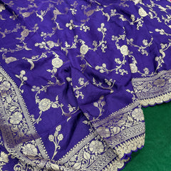Purple Colour Pure Dola Silk Saree With Scalloped Border & Contrast Pink Blouse