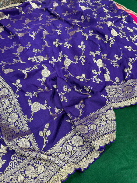 Purple Colour Pure Dola Silk Saree With Scalloped Border & Contrast Pink Blouse