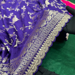 Purple Colour Pure Dola Silk Saree With Scalloped Border & Contrast Pink Blouse