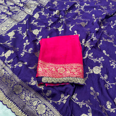 Purple Colour Pure Dola Silk Saree With Scalloped Border & Contrast Pink Blouse