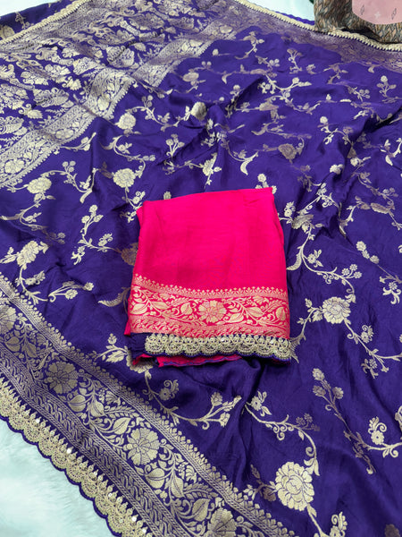 Purple Colour Pure Dola Silk Saree With Scalloped Border & Contrast Pink Blouse