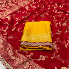 Red Colour Pure Dola Silk Saree With Scalloped Border & Contrast Yellow Blouse