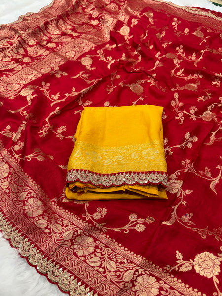 Red Colour Pure Dola Silk Saree With Scalloped Border & Contrast Yellow Blouse