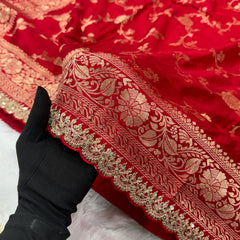 Red Colour Pure Dola Silk Saree With Scalloped Border & Contrast Yellow Blouse
