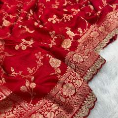 Red Colour Pure Dola Silk Saree With Scalloped Border & Contrast Yellow Blouse