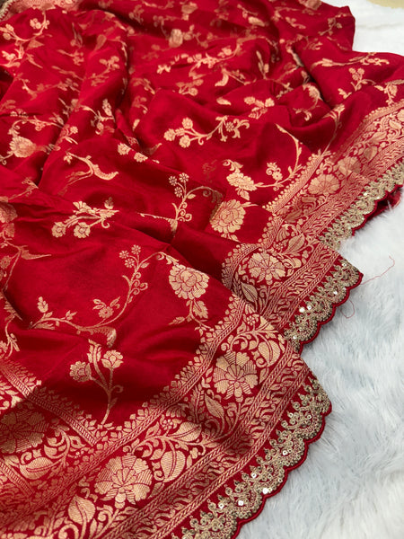 Red Colour Pure Dola Silk Saree With Scalloped Border & Contrast Yellow Blouse