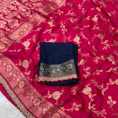 Pink Colour Pure Dola Silk Saree With Scalloped Border & Contrast Blue Blouse