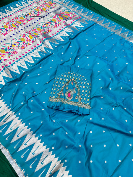 Dual Tone Blue Colour Muniya Paithani With Work Blouse