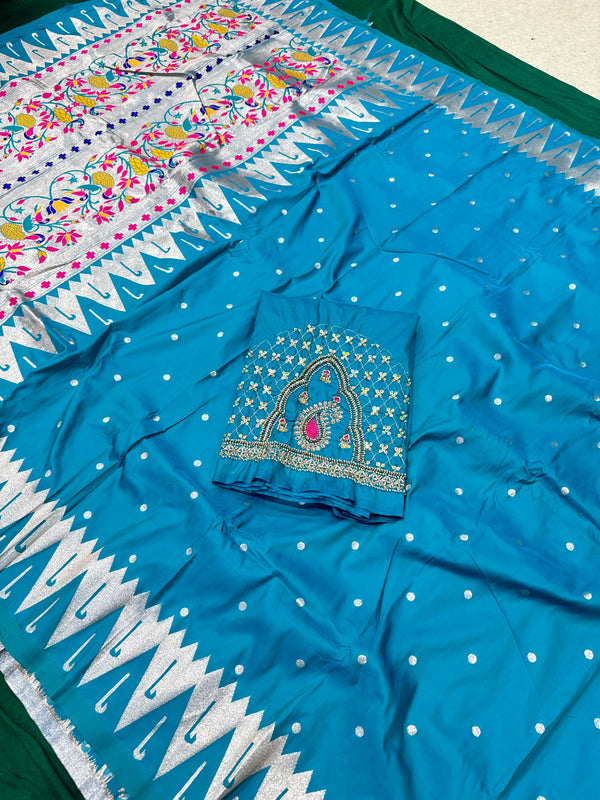 Dual Tone Blue Colour Muniya Paithani With Work Blouse