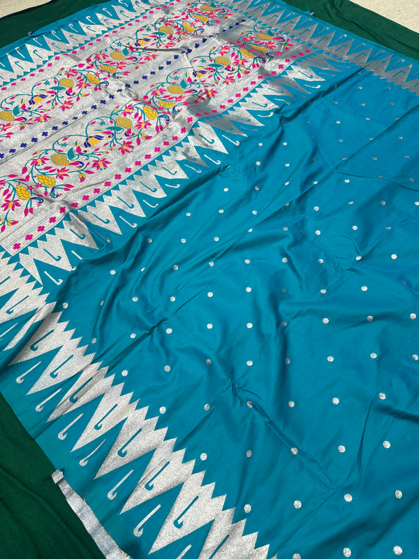Dual Tone Blue Colour Muniya Paithani With Work Blouse