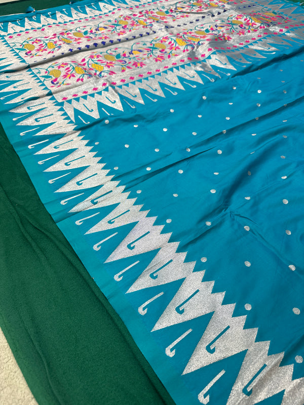 Dual Tone Blue Colour Muniya Paithani With Work Blouse
