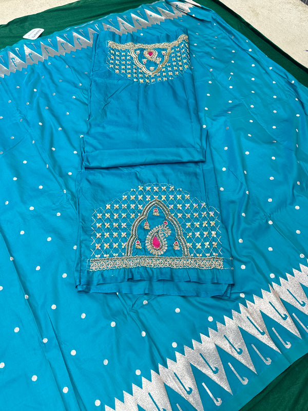 Dual Tone Blue Colour Muniya Paithani With Work Blouse