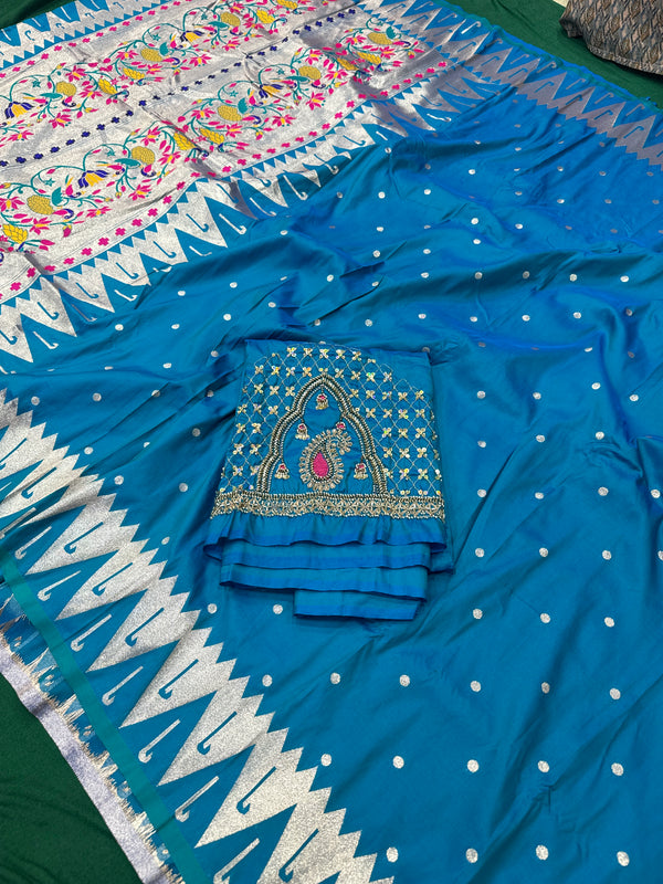 Azure Blue Colour Muniya Paithani With Work Blouse