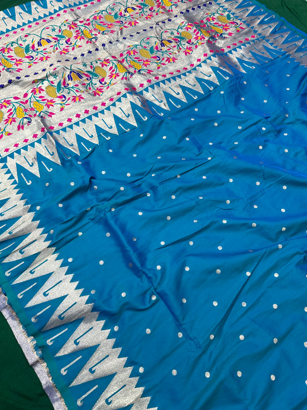Azure Blue Colour Muniya Paithani With Work Blouse