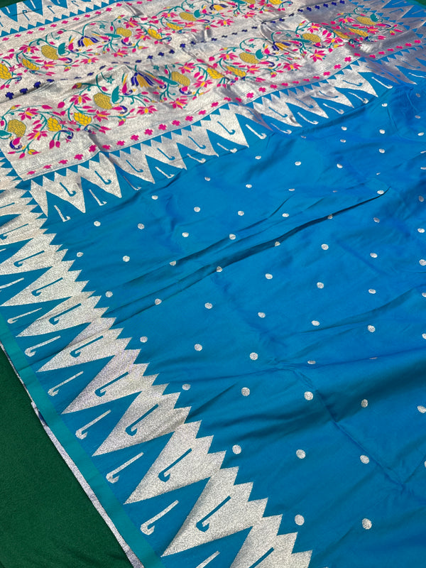 Azure Blue Colour Muniya Paithani With Work Blouse