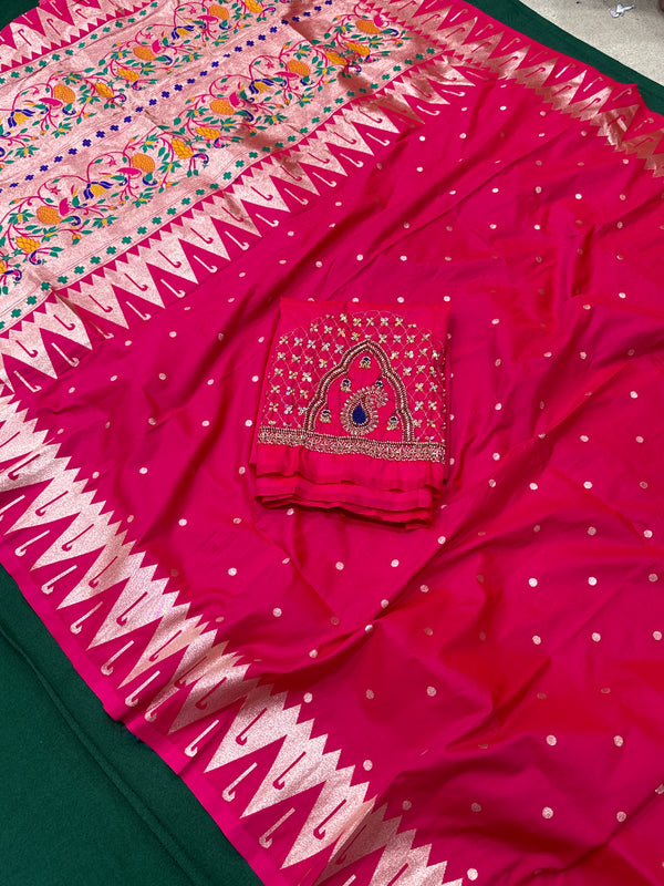 Hot Pink Colour Muniya Paithani With Work Blouse